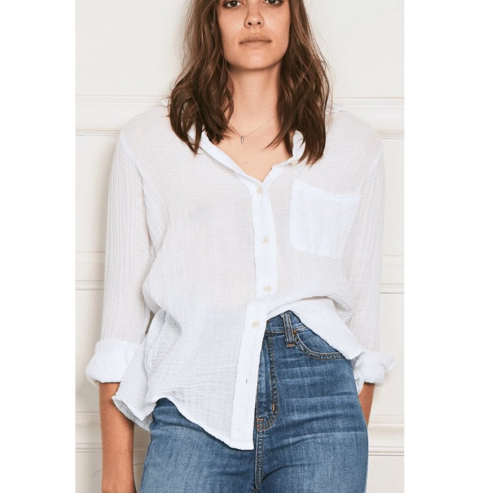 Felicite Classic Boyfriend Top Gauze Button Down Shirt White Size Large